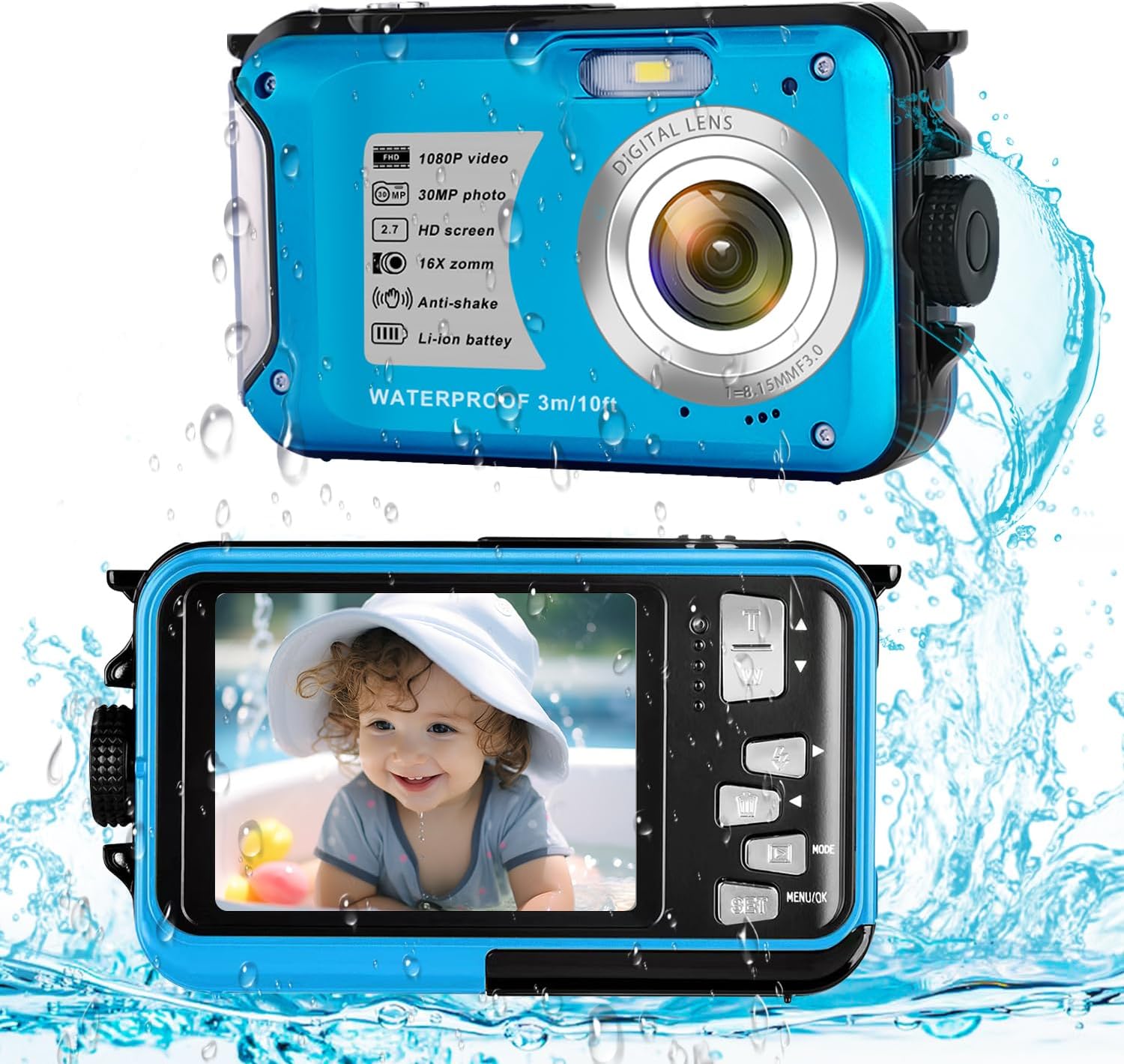 デジカメ 防水防塵 子供用防水カメラ 水中カメラ 小型 フルHD 1080P 30 MP 動画＆写真 16倍デジタルズーム 3メートル防水 日本語メニュー+日本語取説