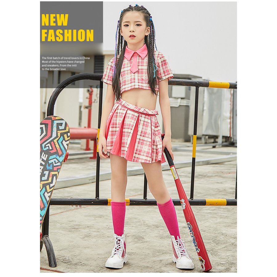 キッズダンス 衣装 チアガール スカートセット 個性 セットアップ ヒップホップ 韓国子供服 原宿系 ダンス衣装 ダンスウェア 演出服 チェック柄 ジャッズ 舞台