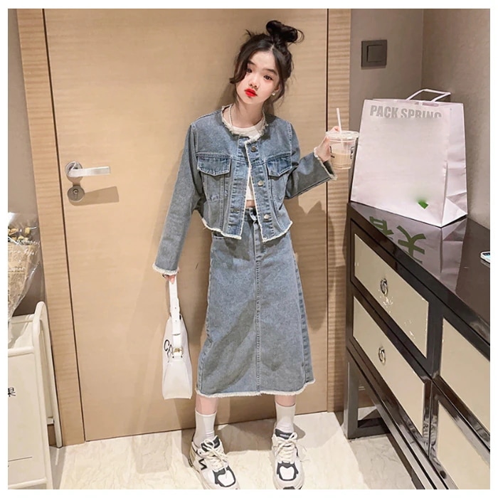 子供服 女の子 セットアップ キッズ デニム スカートセット おしゃれ 通学着 春着 秋着 女の子 長袖 デニムアウター+デニムスカート ファッション パーティー イベント 誕生日 結婚式 旅行 お