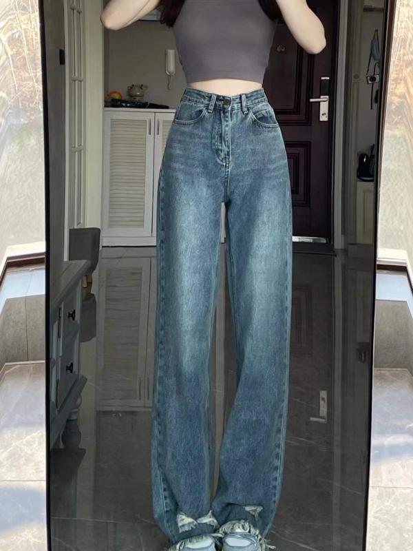 デニムパンツ レディース ダメージ ジーンズ クラッシュ ボトムス 春夏 ローエッジ ストリート アメリカン レトロ ストレート ハイウエスト ワイド ブルー