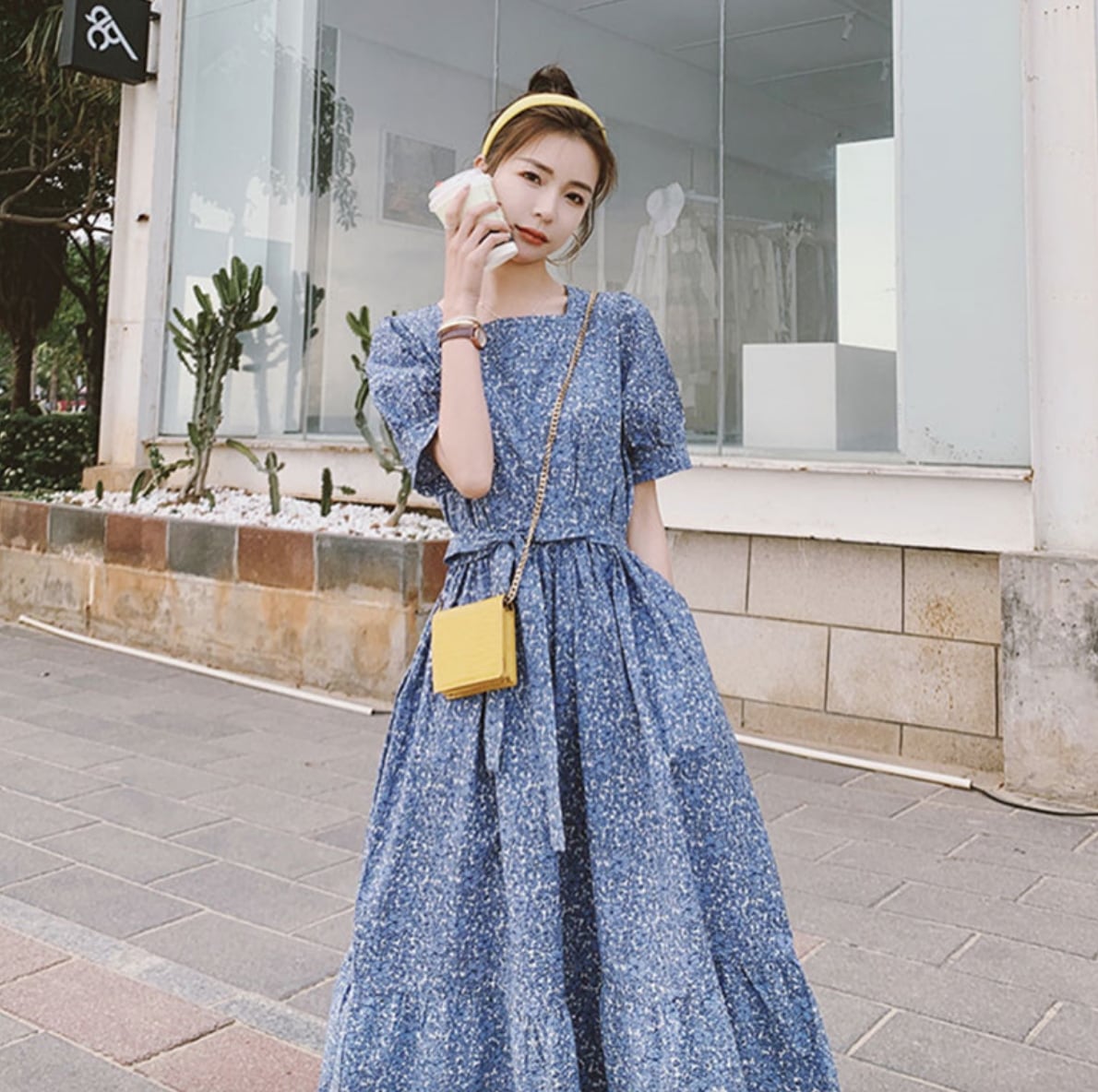 ワンピース デート フレアワンピース ロング 袖あり 半袖 夏 10代 20代 30代 レディース 個性的 M L XL 2XL 3XL 4XL ブルー 小花柄 ガーリー こなれ感 エレガント