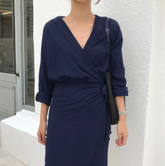 1528.Vネックラップワンピース（インディゴ） 2019 春夏 sale お呼ばれ 同窓会 フォーマル レストラン パーティー 演奏会