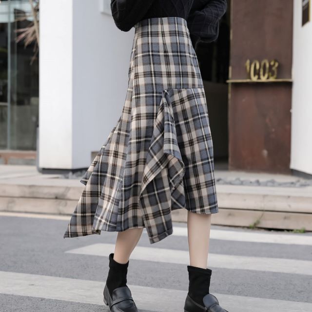 ロングスカート アシンメトリー レディース スカート ロング フレアスカート 大きいサイズ ミモレ丈 個性的 ハイウエスト チェック柄 灰色