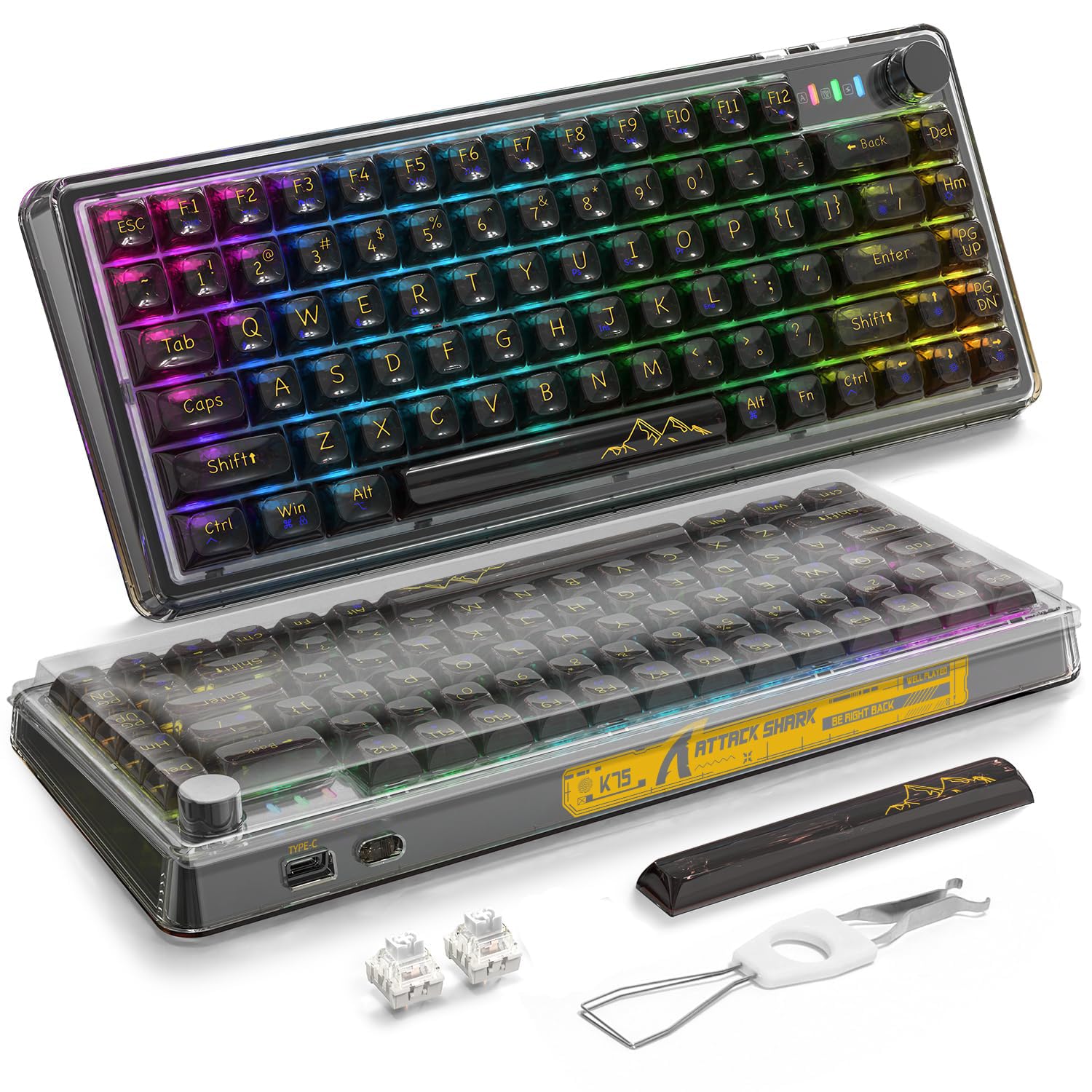 A.JAZZ x ATTACK SHARK 有線K75 ゲーミングキーボード 白軸 クリアキーボード カスタム８１キーホットプラグ設計 透明 キーボード - テンキーなし PCキーキャップ RGBバッ