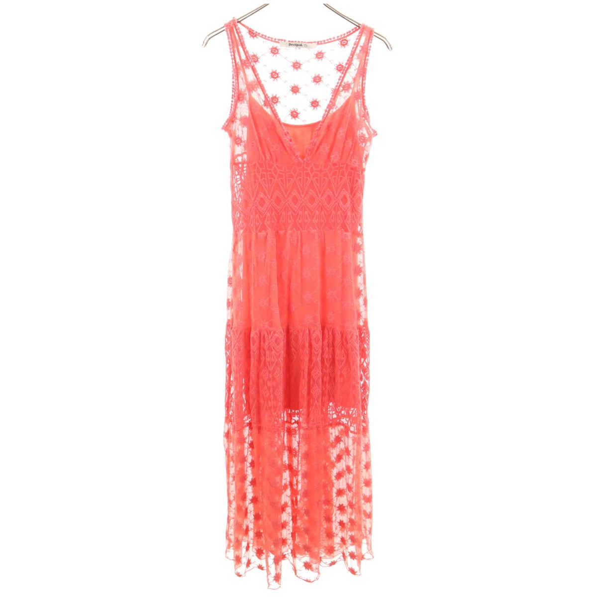 レース刺_ ノースリーブ ロングワンピース 38 ピンク系 レディース 古着 5,251円