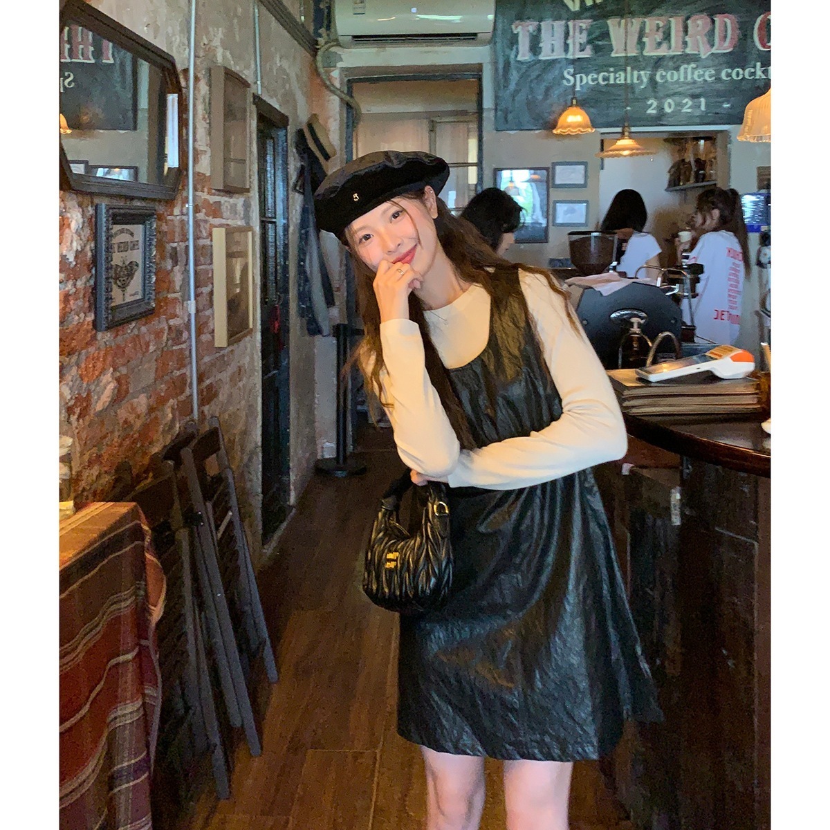 pu ワンピース 2024 秋 韓国風 スイート クール ファッション ステッチ ベスト レザー スカート