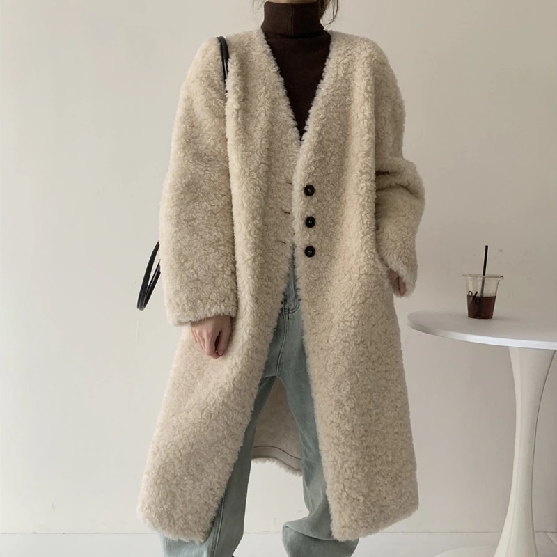 100%子羊毛 韓国風 2025年冬新作 毛皮一体 ファーコート レディース 膝丈Vネックミドル丈