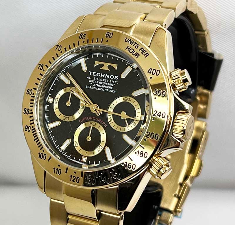 テクノス 腕時計 メンズウォッチ TECHNOS ラッピング無料 手書きのメッセージカード あす楽対応　TT4C01GB　金色　黒文字盤