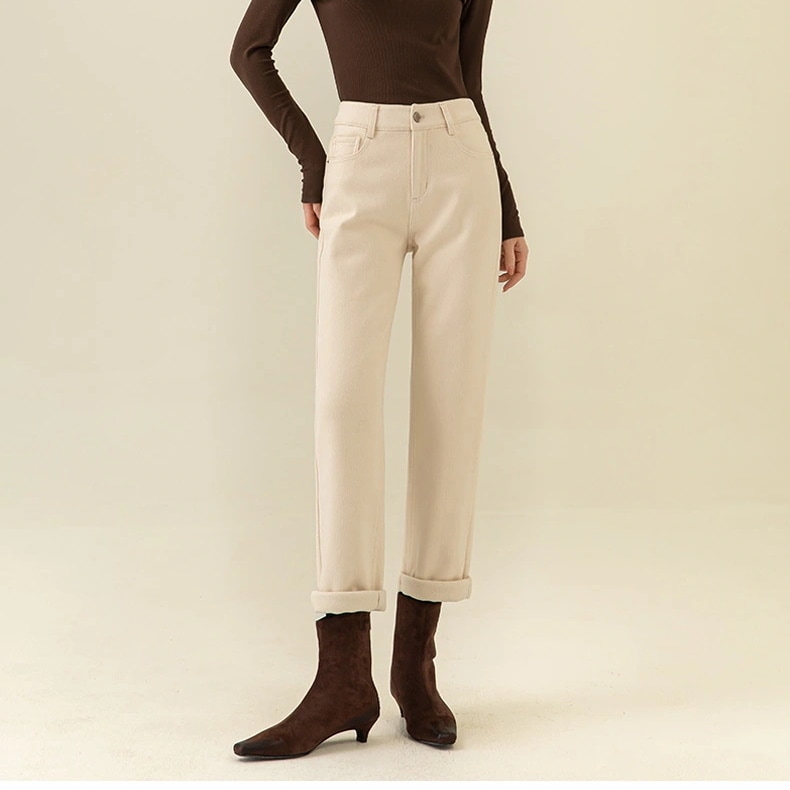 通勤白いベルベットのストレートジーンズの女性ハイウエスト新型裹起毛デニム着痩ボトムスせ効果 4,830円