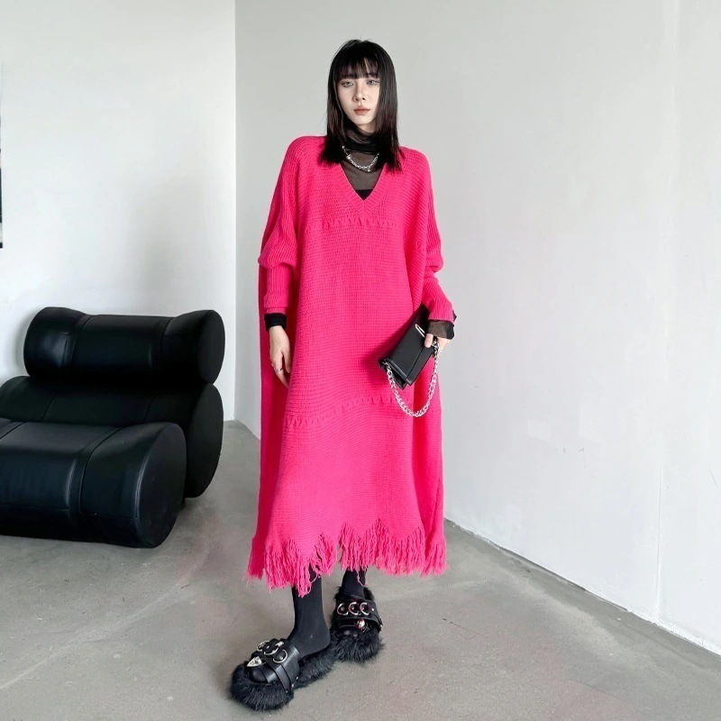 Vネック ロングワンピース ワンピース おしゃれ オシャレ ワンピース 大きめサイズ 百掛け 気質 ニットワンピース 新作 高級感