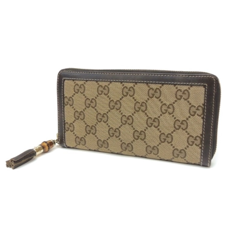 ｸﾞｯﾁ GUCCI 長財布 ﾗｳﾝﾄﾞﾌｧｽﾅｰ ﾊﾞﾝﾌﾞｰﾀｯｾﾙ GG柄 ﾌﾞﾗｳﾝ ｷｬﾝﾊﾞｽﾚｻﾞｰ 【中古】(62019)