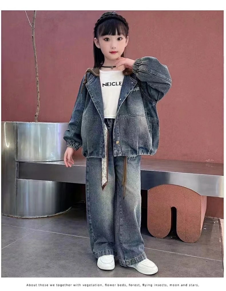 セットアップ デニム かっこいい おしゃれ 上下セット デニムジャケット+ジーンズ キッズ ガールズ 2点セット デニムセットアップ 長袖 長ズボン キッズワイドパンツ オーバーサイズデニムジャケット