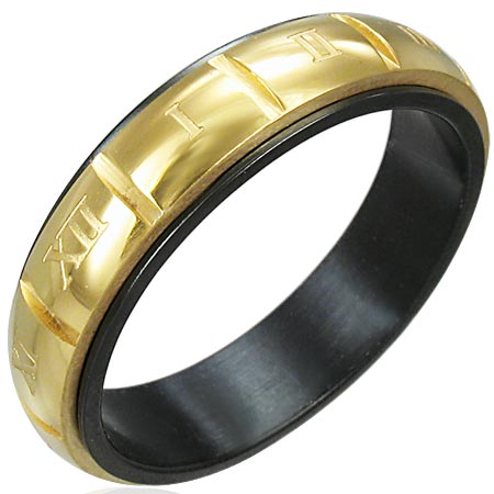 B＆Gローマンスピンリング（SRV128）指輪 23号 回る 回転 ローマ数字 金色 黒色 サージカルステンレス316L 男性 女性 プレゼント メンズ レディース 記念日 r0927xxxxxxxx