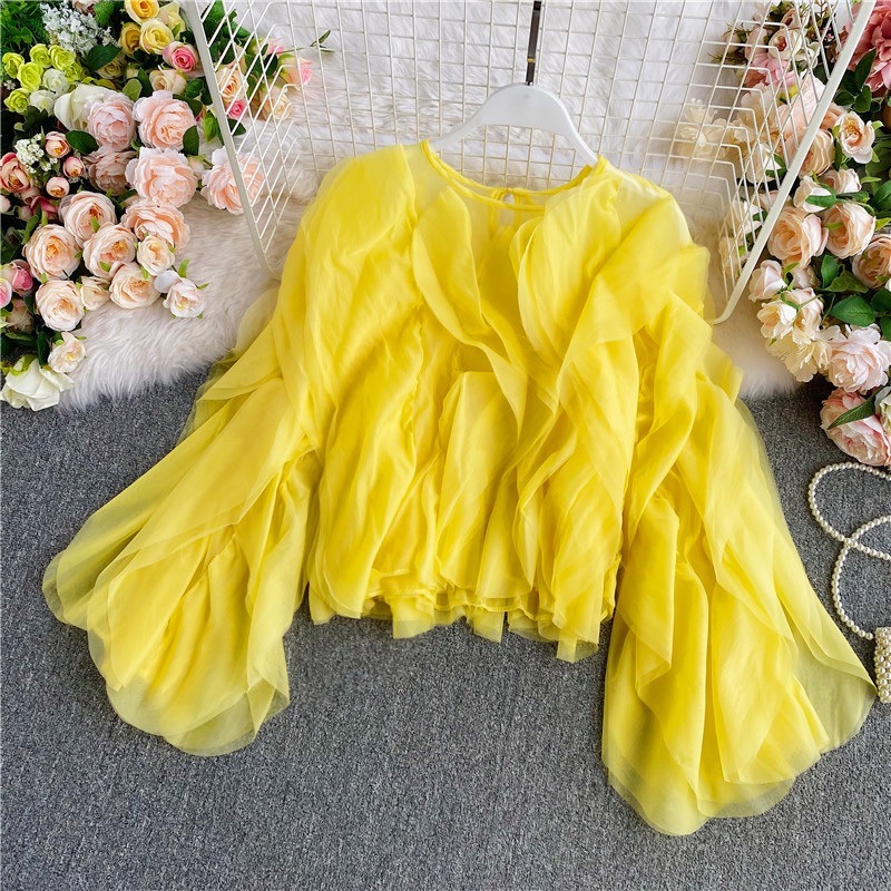 トップス プルオーバー ドレスシャツ ショート 袖あり ボリューム袖 ラウンドネック フレア ワイド レース かわいい 大人可愛い きれいめ おしゃれ お洒落 こなれ感 ラフ ラブリー キュート