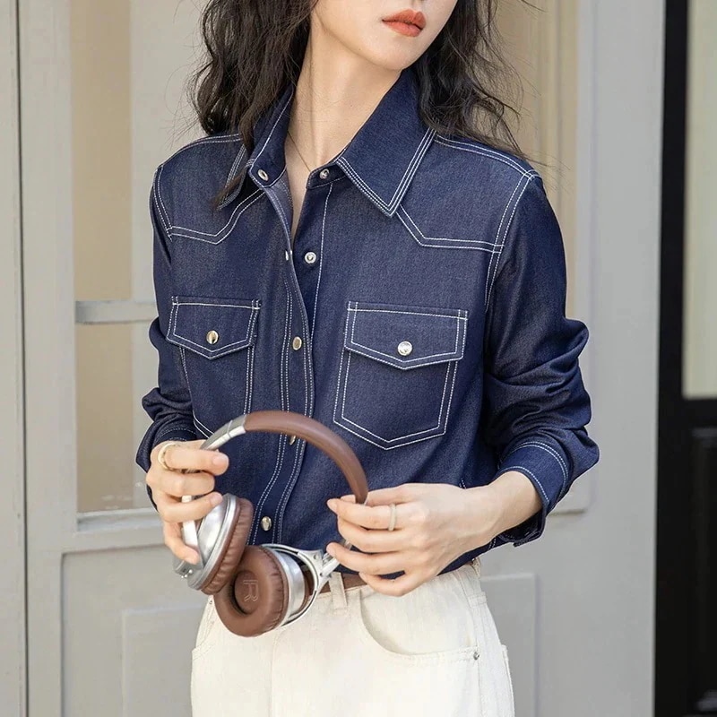 3日出荷 ネイビー レトロデニム 重ね着インナー オフィスカジュアル シャツ ブラウス 春服 レディース