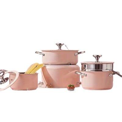 9個のピンクステンレススチール調理器具セット - ケラミックコーティング付きソースパンストックポットスープポットストリーマーを含む - 耐久性のあるデザインシリコン製のリム付きガラス蓋イン