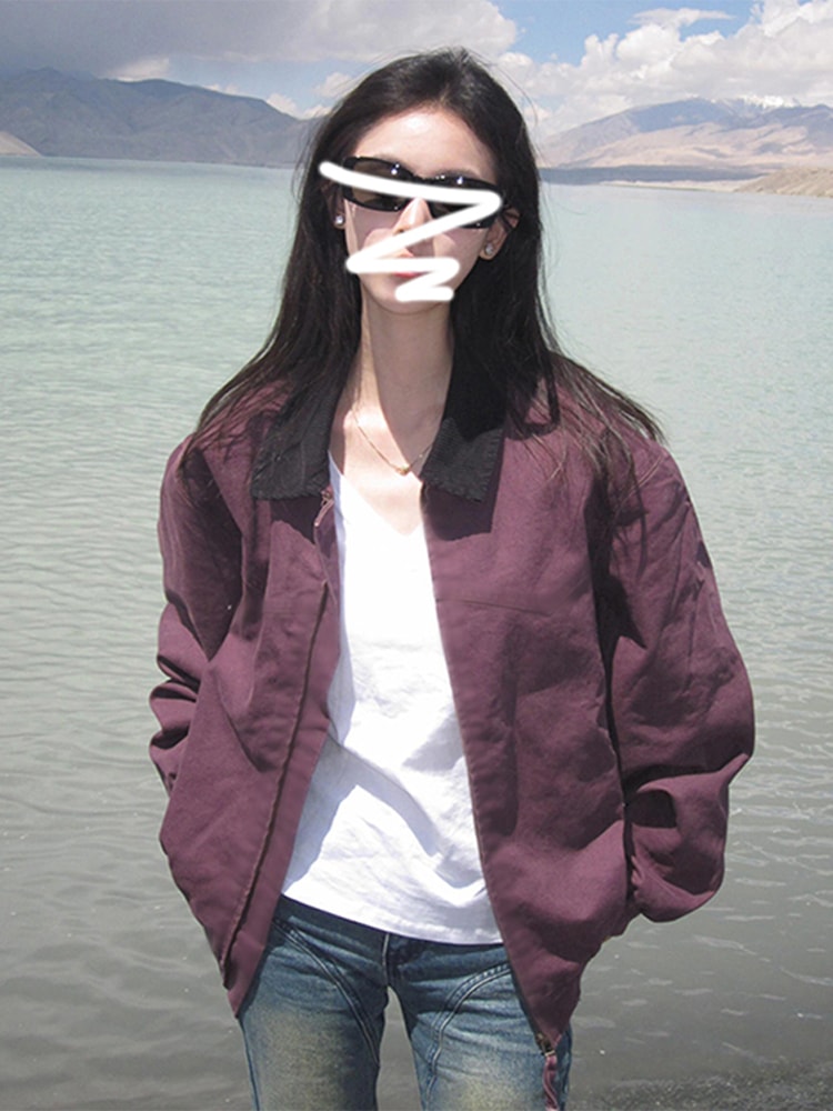 女性用アメリカンレトロパープル野球ユニフォームジャケット2024年秋冬ハイエンドコントラストカラーラペルジャケットトップ