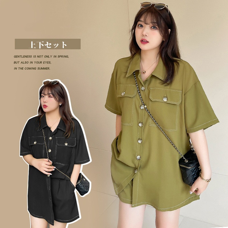 【ぽちゃまに】 夏 上下セット 大きいサイズ ブラウス＋ショートパンツ 体型カバー レディース セットアップ メガ割