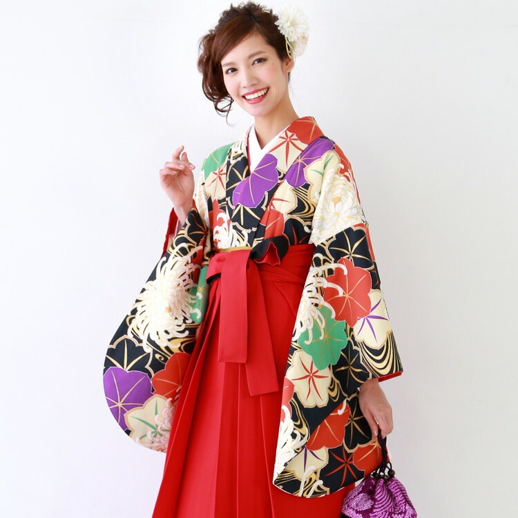レンタル卒業式 袴 レンタル 女 袴セット 女 卒業式袴セット2尺袖着物＆日本製袴 フルセットレンタル 安い 黒地に金流水と白糸菊紅葉