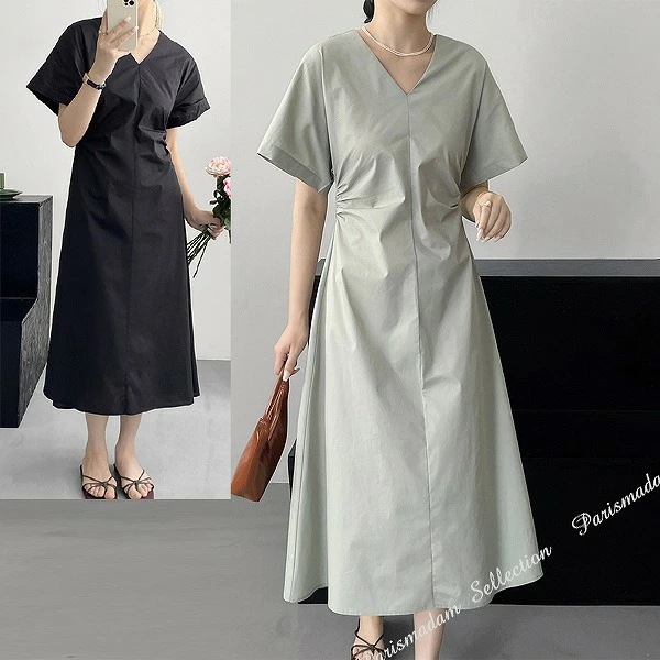 予約受付中V襟コットンワンピース　サイドギャザーがポイント　ひざ下丈　ミモレ丈　半袖　ライトグリーンほっそり効果お出かけ女子会