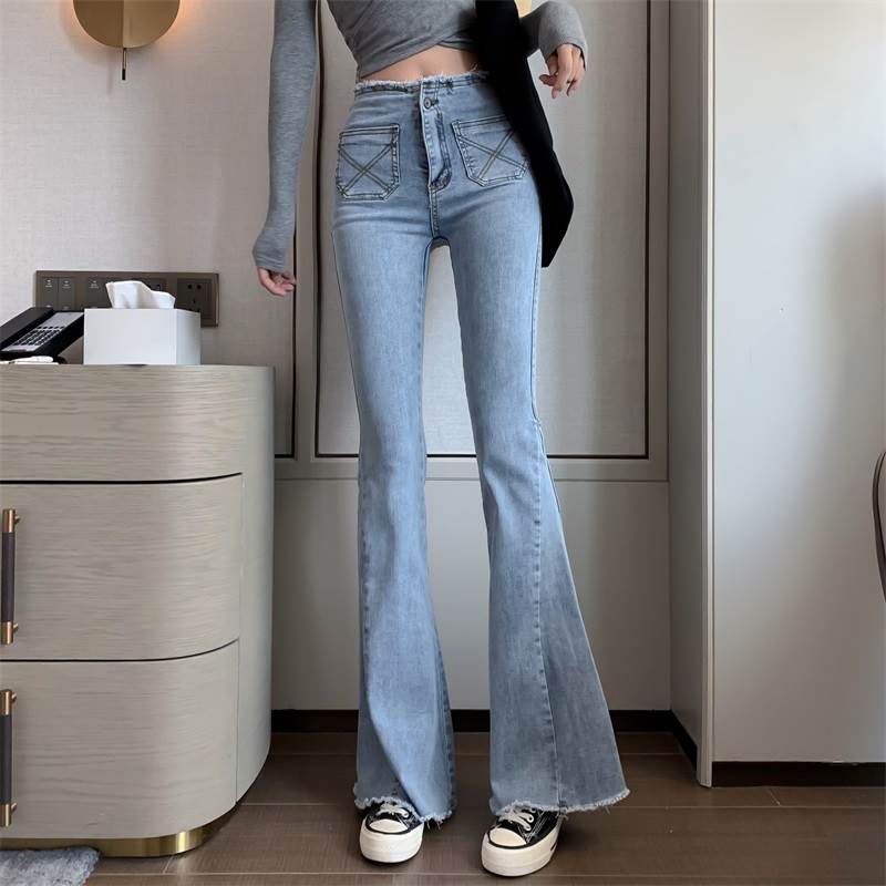 ハイウエスト フレア デニム ボトムス パンツ Gパン デニムパンツ アンクル丈 フレア 細身 ポケット 伸縮性 ブルーデニム かわいい 大人可愛い きれいめ シンプル カジュアル 大人 上品 かっこロングパンツ