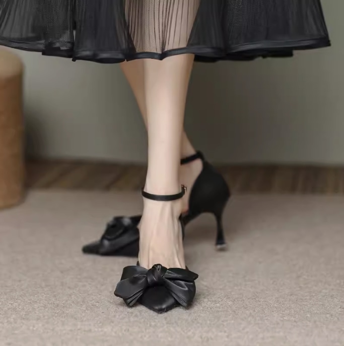 レディース パンプス ハイヒール 選べる高さ ピンヒール ポインテッドトゥ リボン かわいい 大人可愛い きれいめ シンプル カジュアル 上品 おしゃれ かっこいい レトロ フォーマル エレガント