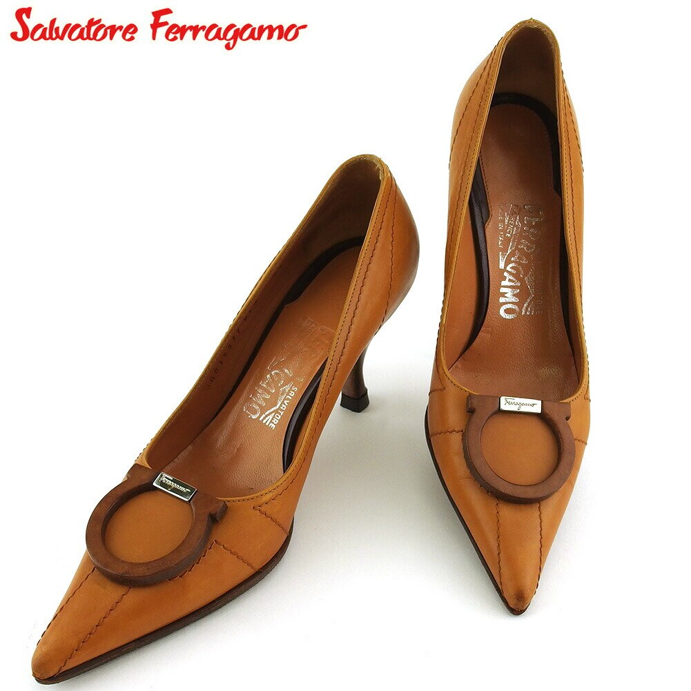 パンプス シューズ 靴 ガンチーニ レディース 4ハーフC ポインテッドトゥ ライトブラウン ブラウン シルバー 中古