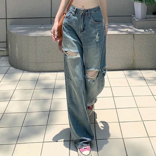 春夏 パンツ デニム ジーンズ ワイド ストレート ハイウエスト 脚長効果 美脚効果 細見え 加工 カジュアル 韓国ファッション系 レディース お出かけ
