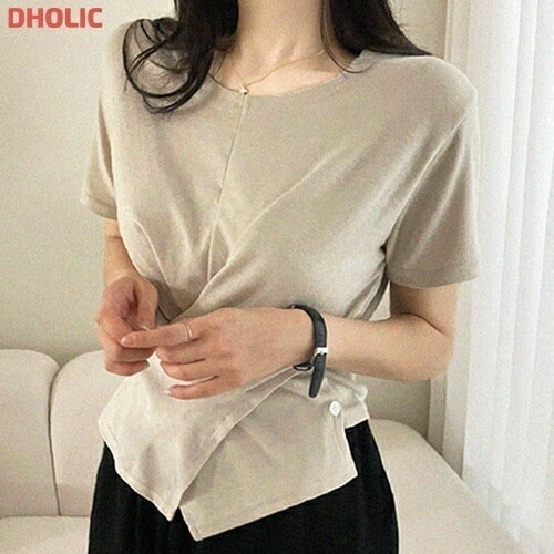 ラップギャザースリムボタンアンバランス無地Tシャツ