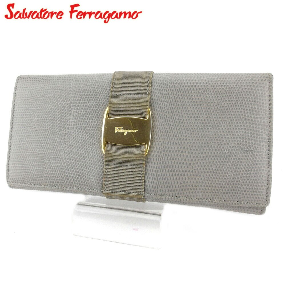 長財布 ファスナー付き 長財布 ヴァラ金具 レディース グレー 灰色 中古