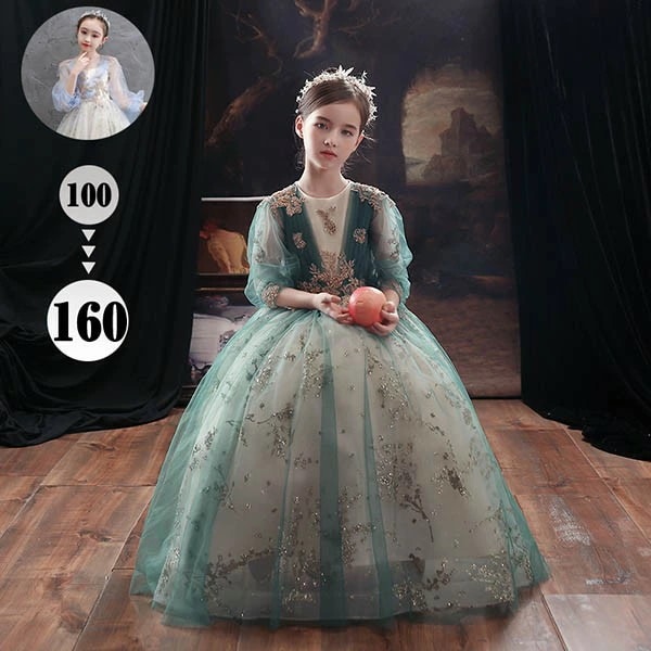 キッズ ドレス 子供服 キッズドレス ピアノ 発表会 結婚式 ワンピース 女の子 ロング丈 長袖 透け感 ポワン袖 クラシカル プリンセスライン ロング 袖あり 演奏会 フォーマルドレス パーティード