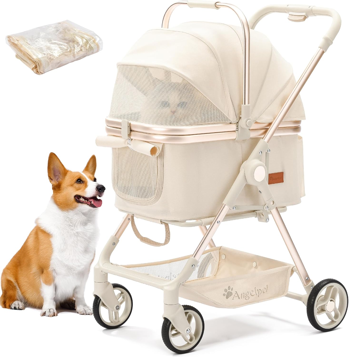 4輪分離型3WAYペットカート 軽量・大容量 耐荷重25kg 15cm大径タイヤ 折りたたみ自立式 後輪ワンステップブレーキ 専用レインカバー付 ミルキーホワイト 42,249円
