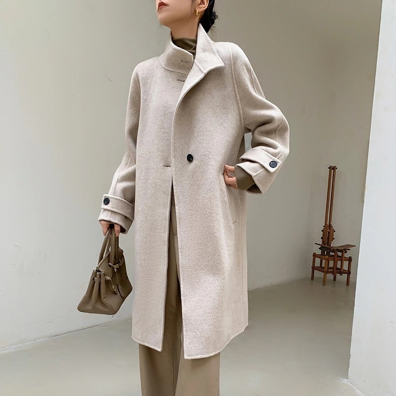 無地両面ツイードカシミヤコート女性秋冬新作ウール襟膝ルーズツイードジャケットロング部分