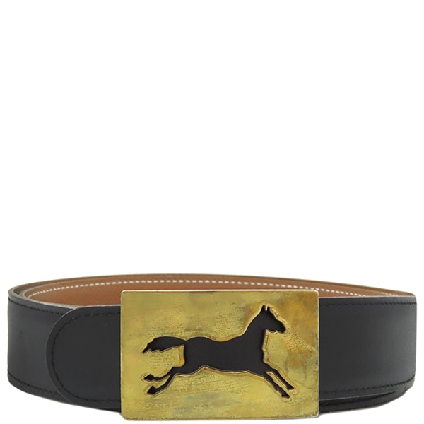 エルメス HERMES ベルト ホースバックル ＃90 ボックスカーフ ヴォーガリバー ブラック×ゴールド ＃90 ゴールド金具 リバーシブル 黒 茶 ヴィンテージ ダブルホール B刻印【中古】