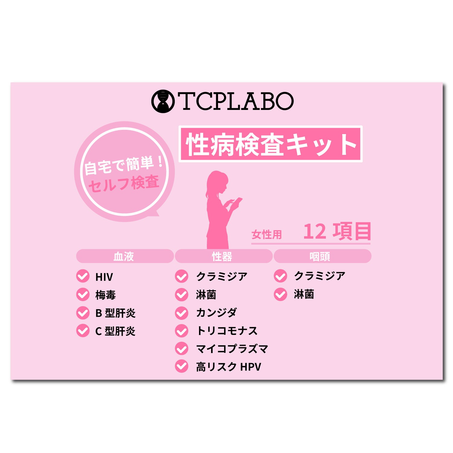 性病検査キット 12項目 HIV 梅毒 B型肝炎 C型肝炎 クラミジア 淋病 カンジダ トリコモナス マイコプラズマ 高リスクHPV 咽頭クラミジア 咽頭淋病 女性用 血液検査 尿検査 うがい検査
