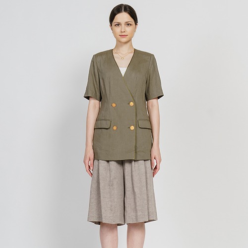 Linen Half Sleeve Piping V-Neck Summer Jacket_Khaki [린넨 반소매 파이핑 V-네크 섬머 자켓_카키]