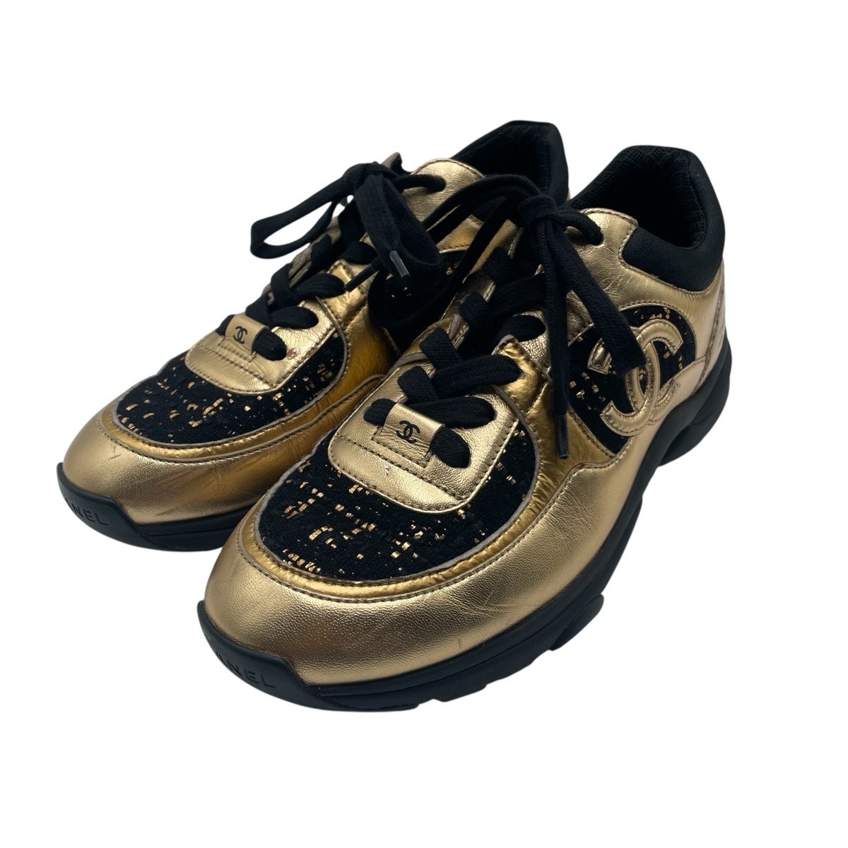 ココマーク 23.5cm/ 37.5 ゴールド ブラック レザー/ツイード スニーカー ローカット レディース 501849