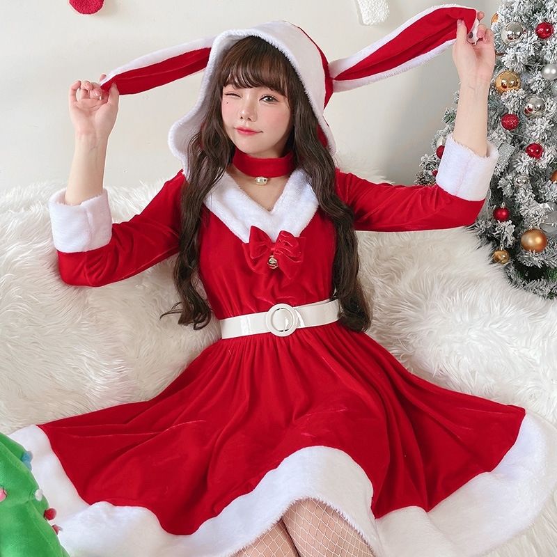 【3日出荷】クリスマス衣装サンタクロースが赤くてかわいいバニーガールに扮したウサギの長袖ワンピースサンタ コスプレ