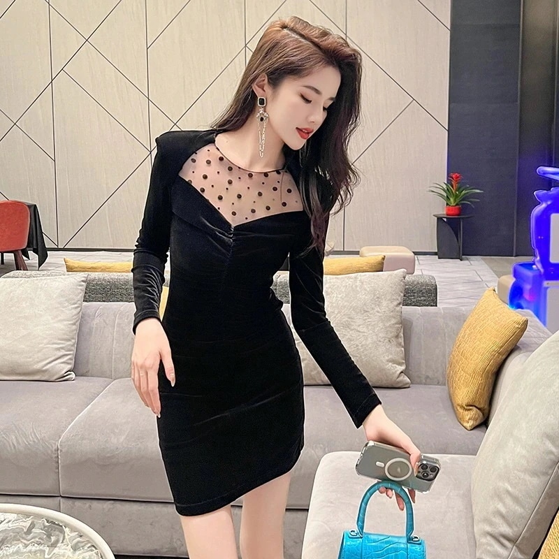 【JY.上品】 秋冬 水玉チュール 皺 タイト ショートワンピース パーティードレス キャバ 着痩せ 大人 同窓会 披露宴 卒業式 結婚式 演奏会 ウェディング 二次会