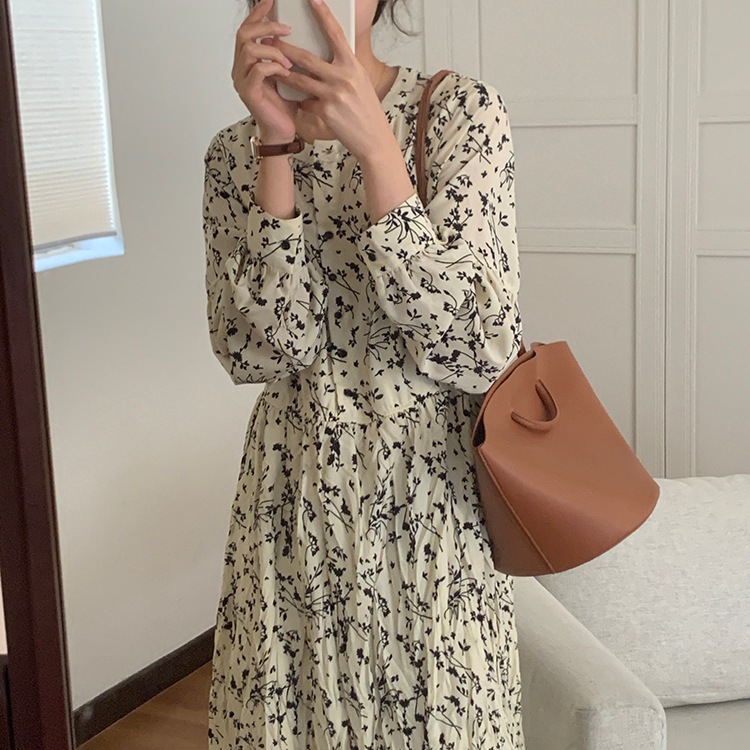 ワンピース 花柄 フロントボタン ロング丈 フレンチスタイル 薄長い レトロ 花柄ドレス 韓国