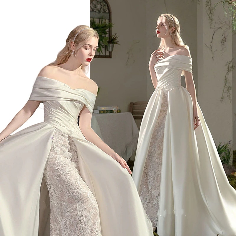 ハイエンドのカスタマイズ フレンチサテンのトレイルドレス 花嫁ドレス シンプル Aライン 白 ブライダルドレス 二次会 結婚式 ロングドレス パーティー