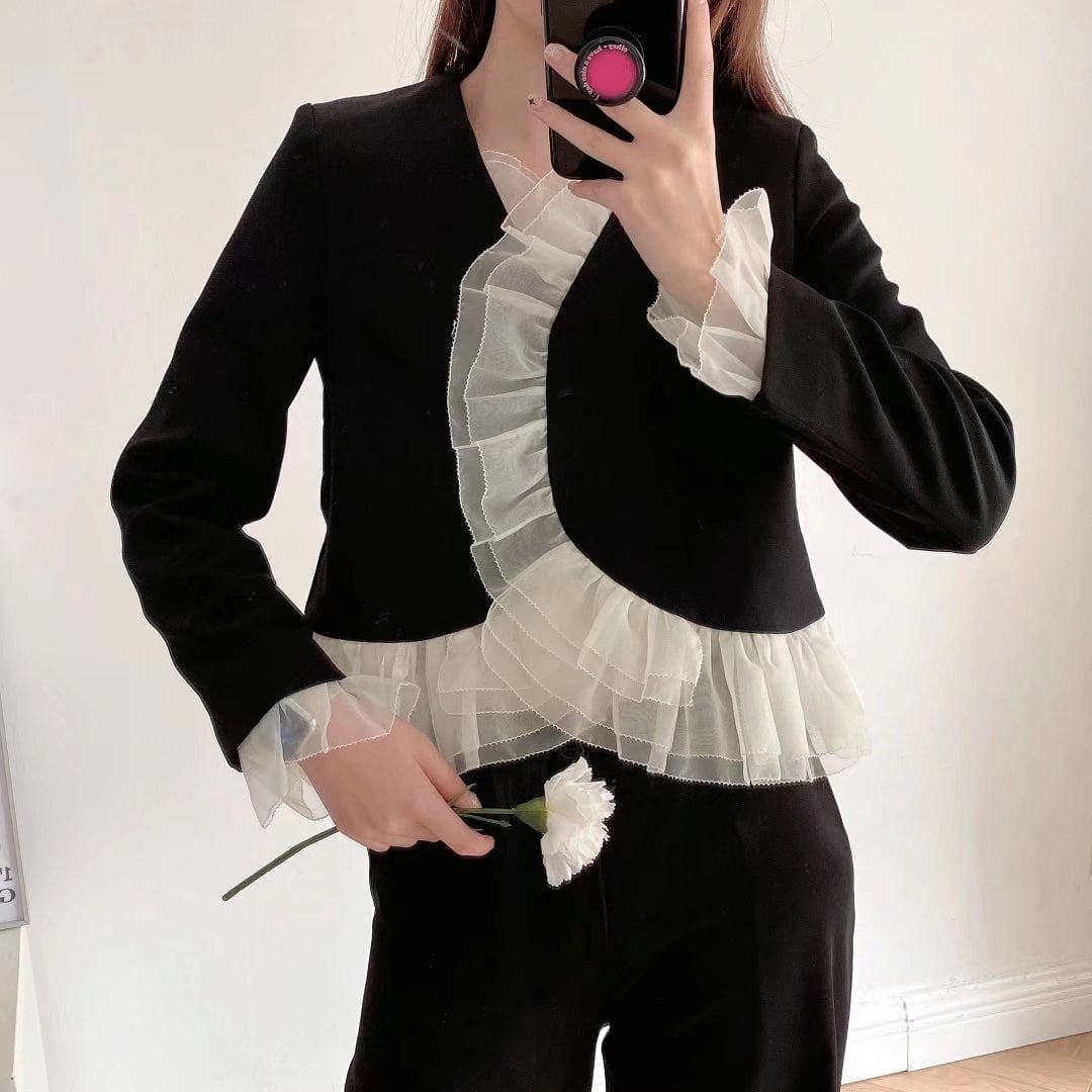 アウター ジャケット 袖あり 長袖 襟なし ストレート シフォン フリル かわいい 大人可愛い おしゃれ アジアン エキゾチック 大人可愛い ラブリー キュート ガーリー 無地 春 秋 10代 20代