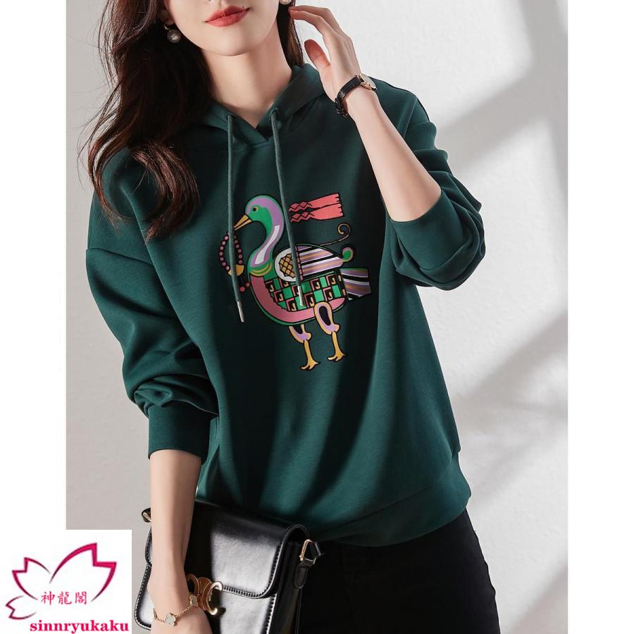 パーカー スウェット ジャージ トップス レディース 大きいサイズ フード ビックシルエット オーバーサイズ 鳥 プリント 大人カジュアル グリーン お洒落 母親