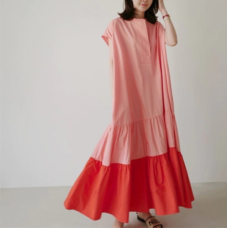 バイカラー ティアード ノースリーブ ワンピース マキシ丈 ロング丈 ラウンドネック ゆったり 大きめ グラデーション Aライン フレア かわいい 大人可愛い きれいめ シンプル カジュアル lone