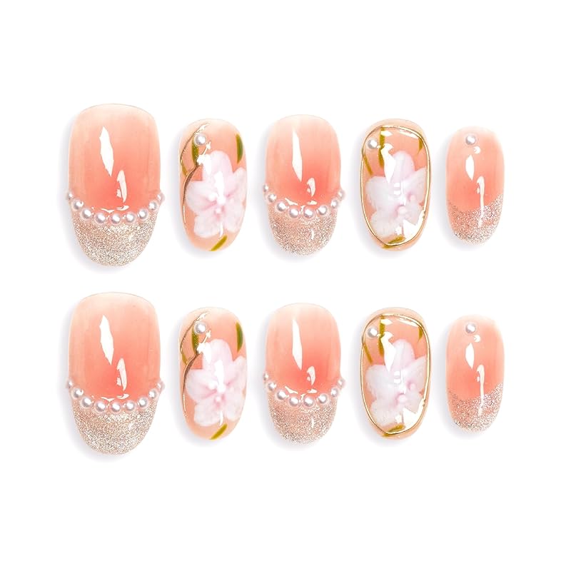 Sun&Beam Nails 手作り ネイルチップ ミディアム オーバル 人気 3d マグネット デザイン ピンク パール 椿 ファッション 可愛い 和柄 収納ボックス付き 10枚入 (#01 木槿