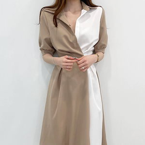 カラーパッチシャツワンピース 日韓 キャミワンピース セミロング 着痩せ 韓国ファッション 花柄 シフォン リネンワンピース 2wayワンピース 冬のワンピース