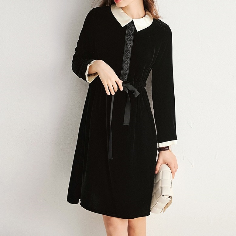 ワンピース ドレス レディース ベロアワンピース リボン 刺繍 ミディアムワンピース ワンピドレス