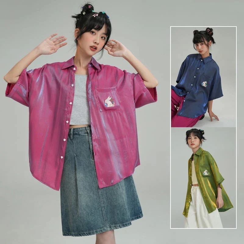 シャツ 3color 半袖 S M L おしゃれ レディース 可愛い ウサギ ダークピンク グリーン ブルー