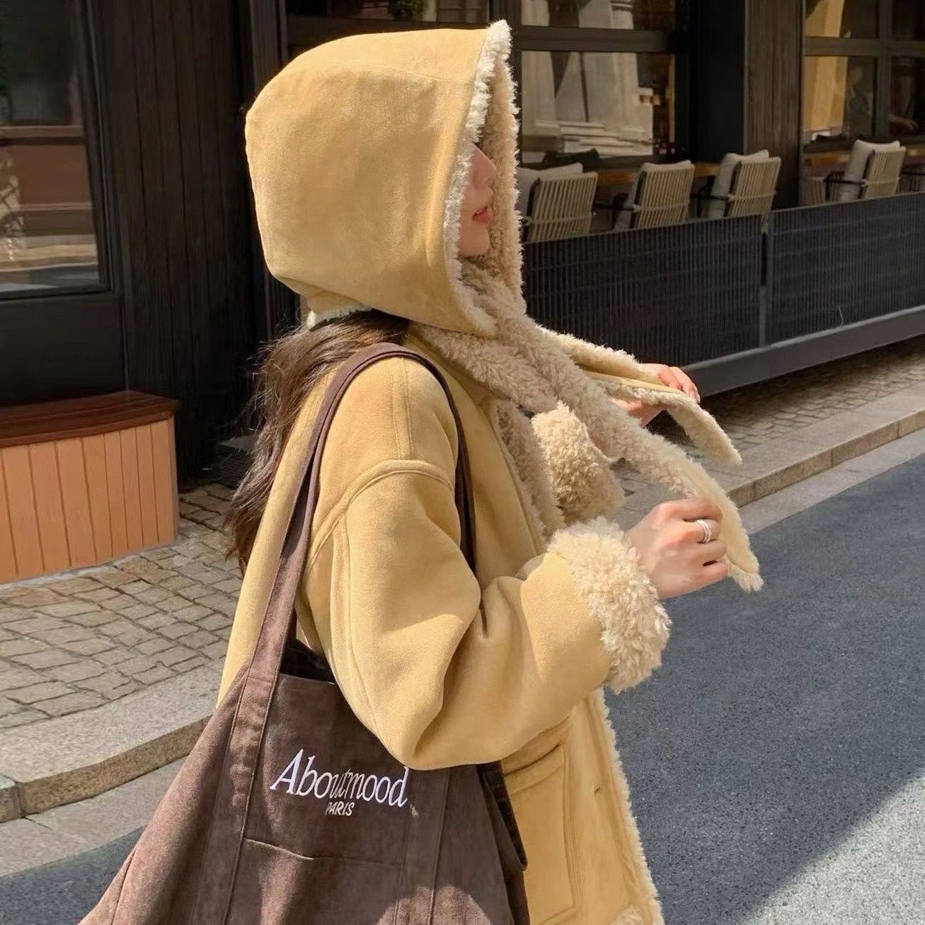 両面着用ファーレザー一体型襟付き シングルボタンダブルポケットアウター 帽子付き フェイクファー