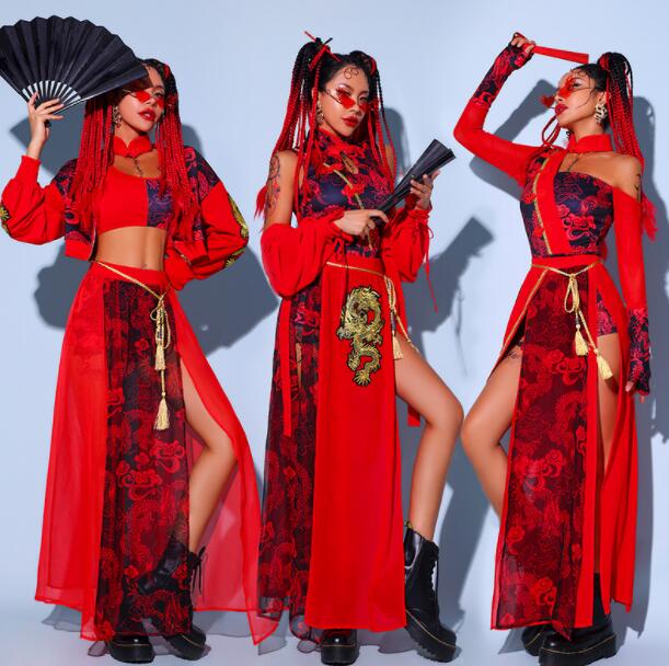 レディースダンス衣装 子供の 中国風 ジャズダンス衣装 ロング丈 チアダンス衣装応援団 チーム団体演出服舞台ステージ衣装ヒップホップ レディースモデルショー 公演服 ダンス衣装S-XL 撮影衣装 ダン